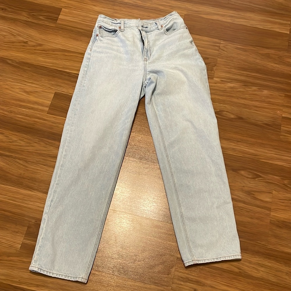 Size 10 AE highest rise baggy straight jean, light wash.